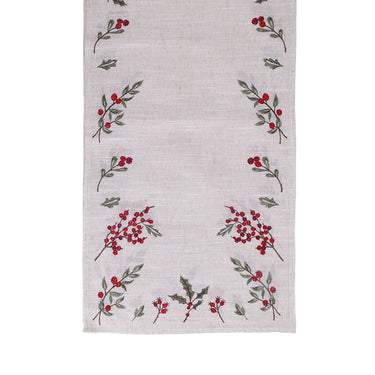 Runner Natalizio con Decorazione Agrifoglio in Lino Ricamato colore Beige - Villa D'Este