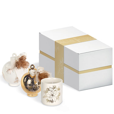 Set 2 Sfere Decorative Natalizie colore Oro e Bianco con Candela Profumazione Ambra - Viron.it