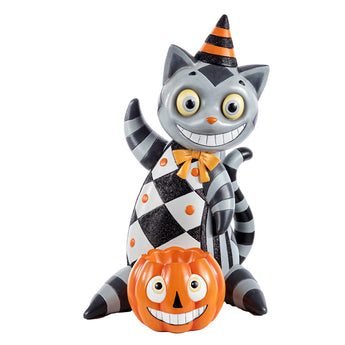 Statuetta Decorativa Halloween Gatto con Zucca in Poliresina h 36 cm