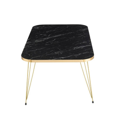 Tavolino da Salotto Rettangolare in Matallo Colore Oro con Piano in Vetro Effetto Marmo Colore Nero