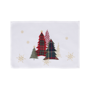Tovaglietta Americana con Decoro Natalizio Ricamato Alberi di Natale in Stile Tartan colore Bianco - Villa D'este