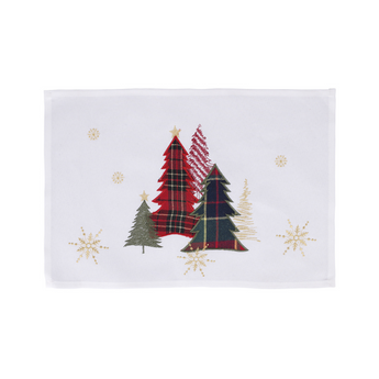 Tovaglietta Americana con Decoro Natalizio Ricamato Alberi di Natale in Stile Tartan colore Bianco - Villa D'este