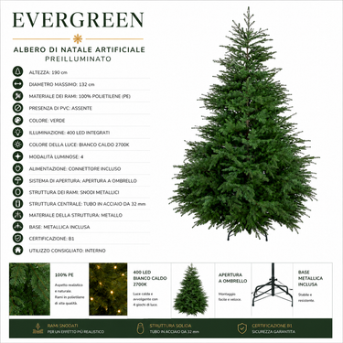 Albero di Natale preilluminato Evergreen 190 cm con chioma 100% PE, 400 LED integrati e apertura a ombrello