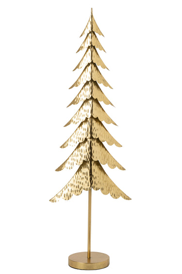 Albero natalizio in metallo oro da 135 cm con finitura martellata, struttura slanciata e base circolare.