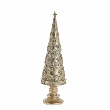 Albero natalizio da appoggio color oro con base a piedistallo e motivi ornamentali
