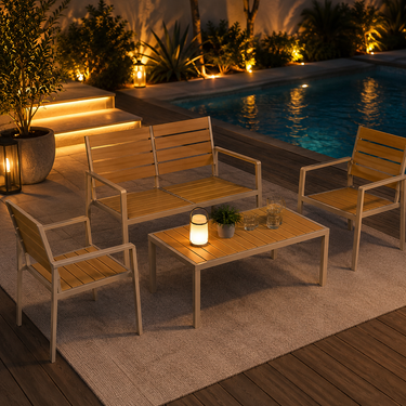 Salottino outdoor in acciaio beige con finitura effetto legno