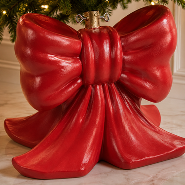 Elegante base albero di Natale con design a fiocco rosso in resina, perfetta per valorizzare alberi di Natale classici e di lusso