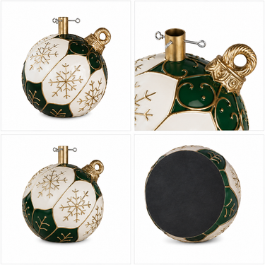 Elegante base albero di Natale a forma di sfera con finiture oro, decori a fiocco di neve e stile natalizio raffinato