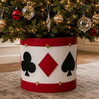 Elegante base albero di Natale tamburo decorativo da 50 cm in stile classico con simboli delle carte da gioco.