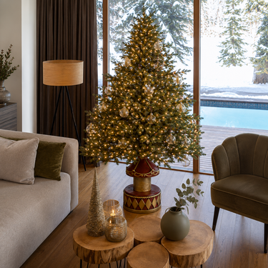 Base per albero natalizio in resina rosso oro con struttura a giostra vintage