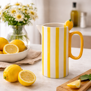 Brocca in ceramica a righe gialle con dettaglio limone ambientata con agrumi freschi in cucina moderna