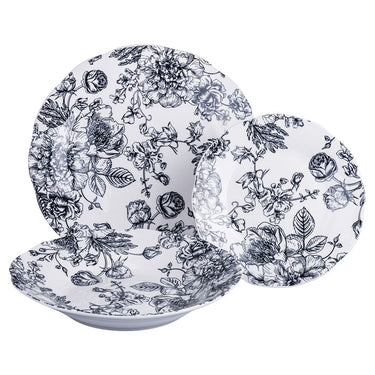 Servizio Piatti 18 Pezzi in Porcellana Fantasia Fiori Neri Madame Black - Villa D'Este