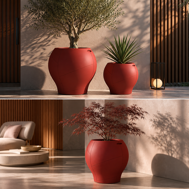 Vaso decorativo outdoor con finitura materica e forma scultorea
