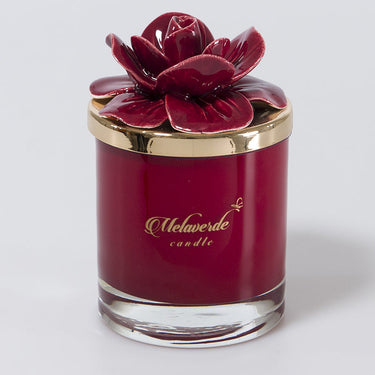 Candela profumata Grande in Vetro con Fiore in Ceramica Capodimonte Bordeaux - Viron.it