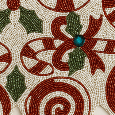Runner Natalizio Candy Cane 33x95 cm in Cotone e Perline e Strass Bianco e Rosso - Viron