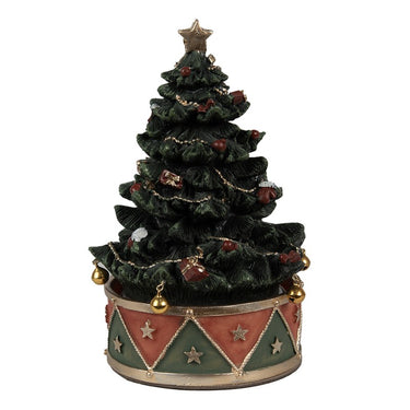 Albero di Natale decorativo con carillon, stella dorata e base rossa e verde