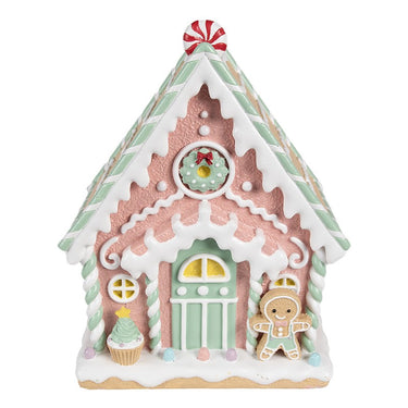 Decorazione natalizia a forma di casetta pan di zenzero rosa con omino gingerbread