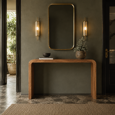Consolle moderna in legno naturale con struttura curva effetto cascata