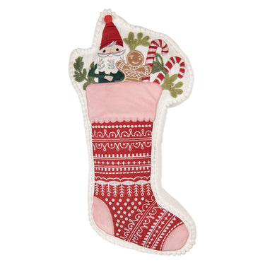 Cuscino decorativo natalizio rosso e rosa a forma di calza con dettagli ricamati