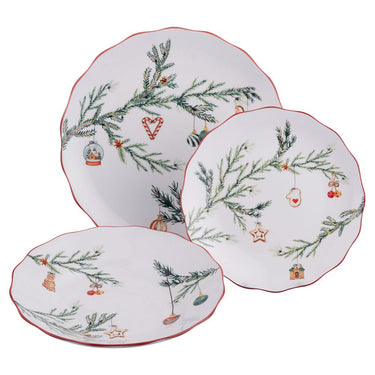 Servizio Piatti Natalizio 18 Pezzi in Porcellana Motivo Rametto - Villa D'Este