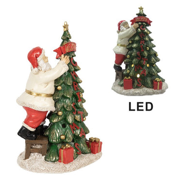 Babbo Natale con albero verde e luci LED, decorazione natalizia in poliresina