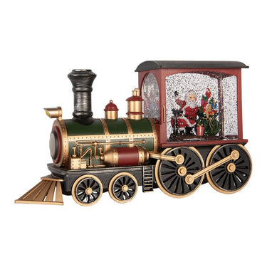 Treno di Natale rosso verde e oro con scena luminosa di Babbo Natale