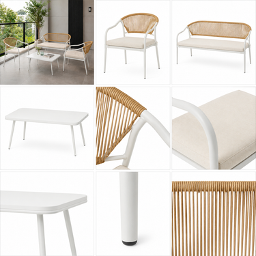 Dettaglio intreccio corda beige su poltrona outdoor con struttura in metallo bianco
