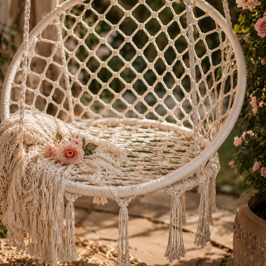 Dettaglio ravvicinato della trama intrecciata del dondolo bianco in stile boho chic