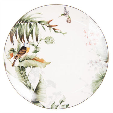 Piatto Piano Ø 26 cm in Porcellana Bianca con Foglie e Uccelli
