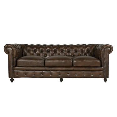 Divano 3 posti Chesterfield in Pelle Marrone e Struttura in Mango 210 cm - Viron