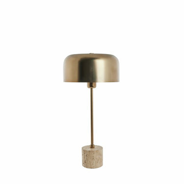 Lampada da tavolo dorata con paralume a cupola e base in pietra