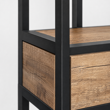 dettaglio Libreria design industrial con cassetto in legno e struttura geometrica in metallo nero