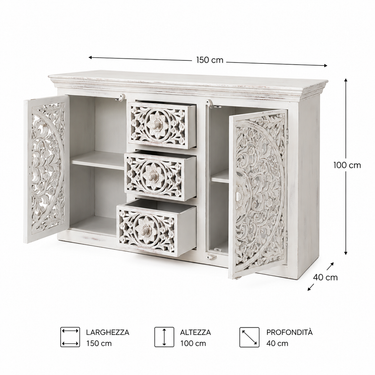 Credenza in legno intagliato stile shabby chic con ante lavorate
