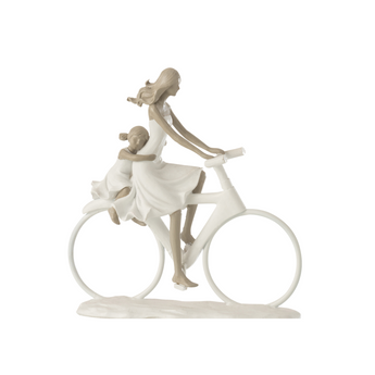 Statuetta Decorativa Mamma e Figlia in Bicicletta Colore Bianco e Grigio