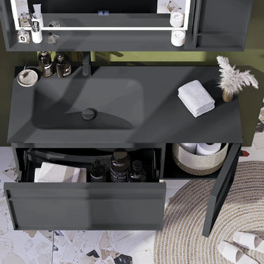 Mobile Bagno Sospeso 100 cm Antracite Opaco con Lavabo e Specchio Contenitore Led - Valkur