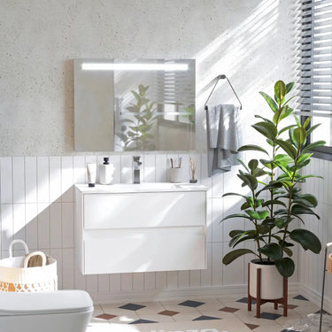 Mobile Bagno Sospeso 80 cm Colore Bianco con Lavabo in Ceramica e Specchio Led – Stella