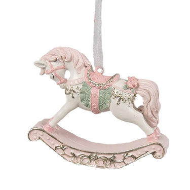 Decorazione per albero di Natale a forma di cavallo a dondolo rosa e oro