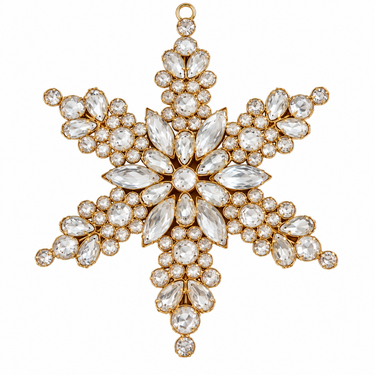 Ornamento natalizio a fiocco di neve con strass e dettagli dorati, ideale per decorare l'albero di Natale