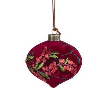 Set 6 Sfere Natale Trottola in Vetro Soffiato Velluto Rosso con Ricamo Fiorato Ø10 cm - Viron