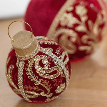 Decorazione Sfera Natalizia da Appoggio in Velluto Rosso e Oro h 20 cm