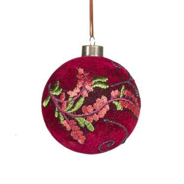 Set 6 Sfere Natale in Vetro Velluto Rosso Scuro con Ricamo fiorato Ø10 cm - Viron