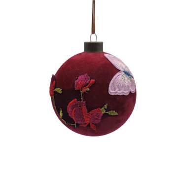 Set 6 Sfere Natale in Vetro in Velluto Rosso con Fili di Seta Farfalla Ø10 cm - Viron