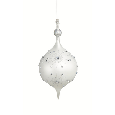 Set 4 Pendenti Natale a Goccia in Vetro Bianco Perlato con Decori Argento - Viron