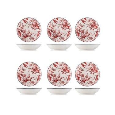 Set 6 Piatti Fondi in Porcellana Ø 20 cm Motivo Floreale Rosso Elizabeth – H&H
