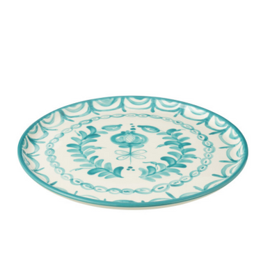 Piatto decorativo in ceramica bianca con decoro floreale turchese in stile elegante
