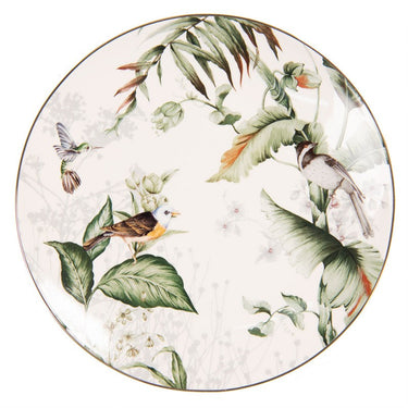 piatto frutta in porcellana bianca 20 cm con decorazione foglie tropicali e uccelli