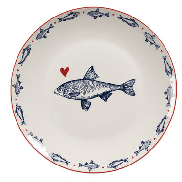 Piatto Frutta Ø 20 cm in Porcellana Bianca Decorazione Pesce Blu