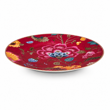 piatto rosso con grande decorazione floreale multicolore