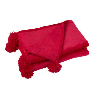 Plaid in Poliestere Colore Rosso con Pompon 170x130 cm