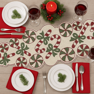 Runner di Natale Candy Cane 33x95 cm in Cotone e Perline Bianco e Rosso - Viron
